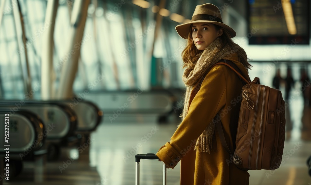 Woman in warm cloth holding suitcase in the airport hall. Woman in warm cloth holding suitcase in the airport hall.