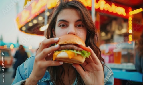Woman eating favorite cheeseburger near fast food outside.