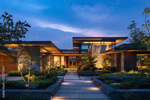 A modern house with sleek outdoor lighting highlighting architectural details against a deep blue twilight sky