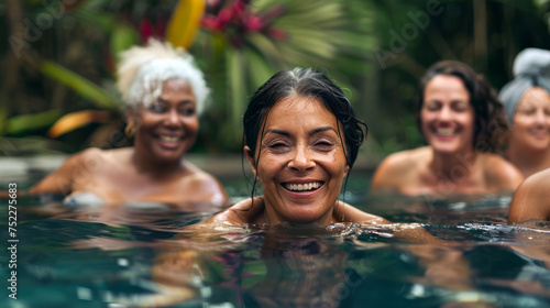 a group of smiling Active mature women enjoy  in a garden pool,  © Edgar Martirosyan