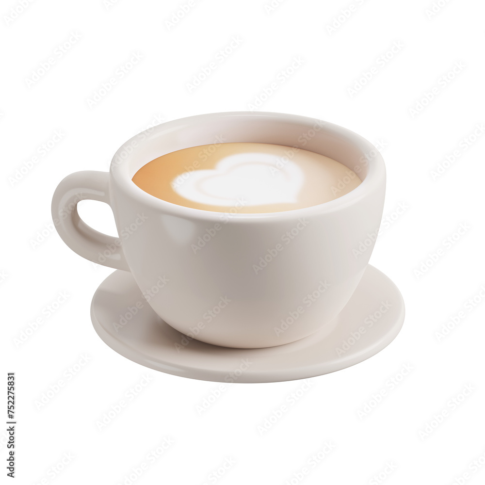 Cappuccino 3D icon. Coffee cup with foam heart pattern. 3D object on a transparent background Cappuccino 3D icon. Coffee cup with foam heart pattern. 3D object on a transparent background