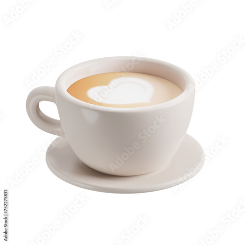 Cappuccino 3D icon. Coffee cup with foam heart pattern. 3D object on a transparent background