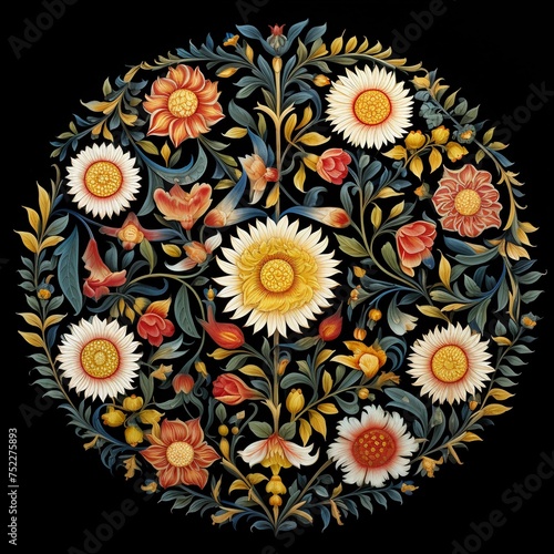 Repetitive floral motifs arranged in a circular design