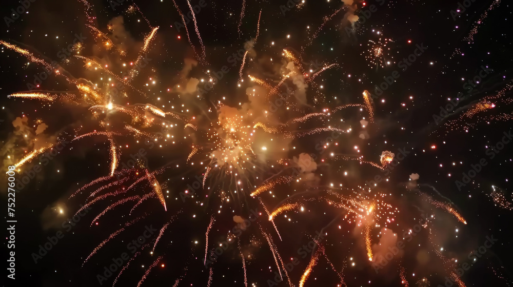 Fototapeta premium Bright fireworks exploding against the dark night sky. Photo from below. Holiday concept.