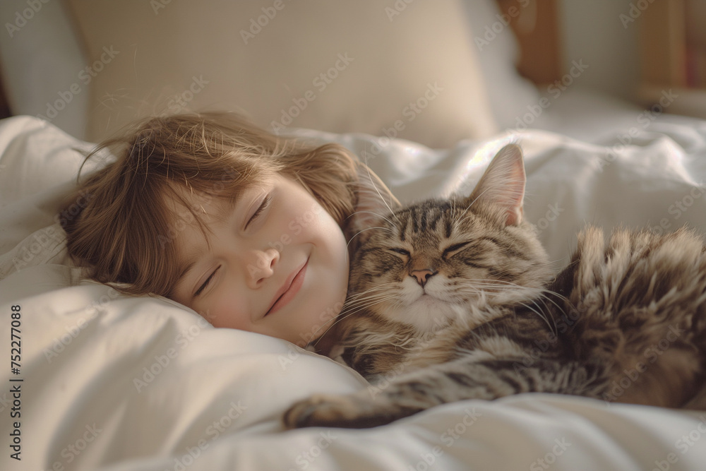 Serene Child and Cat Cuddling in Morning Light - Peaceful Companionship Serene Child and Cat Cuddling in Morning Light - Peaceful Companionship