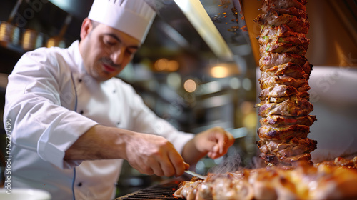 A chef in a white uniform and hat expertly slices meat from a large vertical rotisserie in a bustling restaurant kitchen.