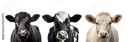 Holstein Friesian black and white dairy cow, black angus and Charolais cows isolated on transparent background, png file photo