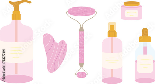 Rose quartz Gua sha stone, roller and massage oil, face cream for skin and body treatment isolated in white background