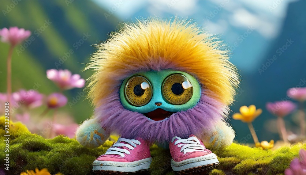 Cute monster with colorful hair and sports shoes