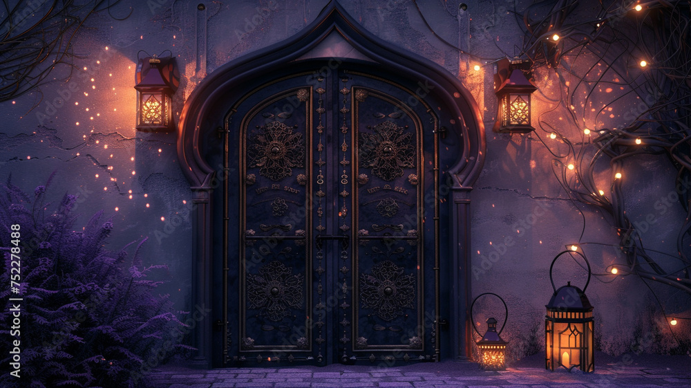 A vivid 8K image showcasing ornate 3D double doors, featuring Christmas lanterns and engraved obsidian details, contrasted by a soft lavender background A vivid 8K image showcasing ornate 3D double doors, featuring Christmas lanterns and engraved obsidian details, contrasted by a soft lavender background