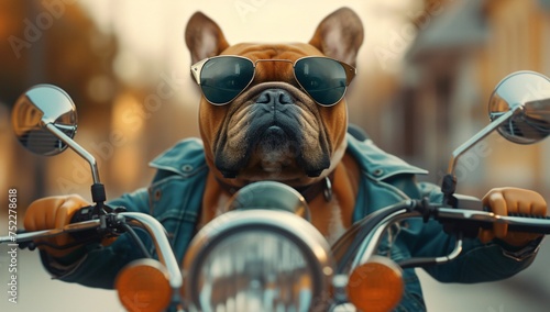 A cool French bulldog poses with sunglasses while sitting on a vintage motorcycle, exuding attitude and humor © Vladan