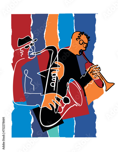 Jazz theme, trumpet player and saxophonist,. Expressive colorful Illustration of two jazz musicians. Isolated on torn paper background. Vector available.