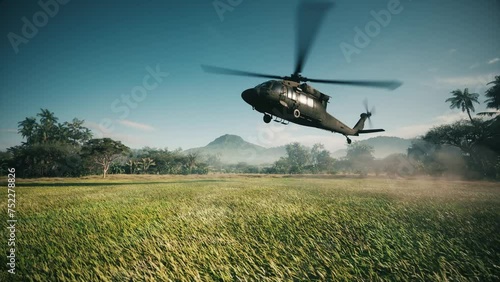 Military helicopter landing in the jungle