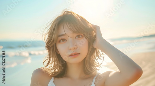 ビーチで和む金髪の若い日本人の女性