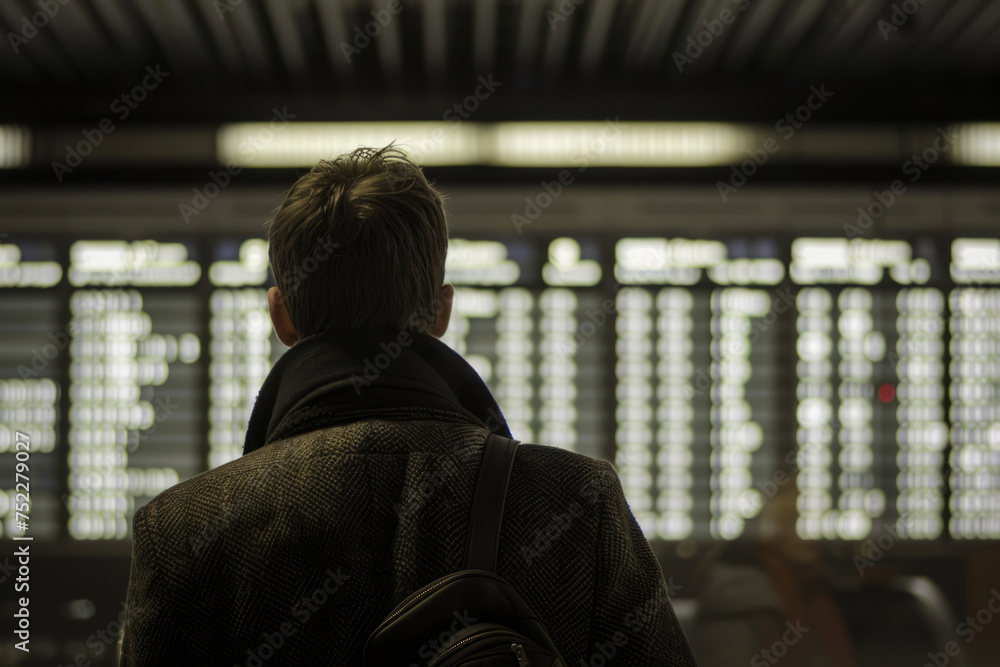 Rear view of a man looking at arrival departure board. Generative AI