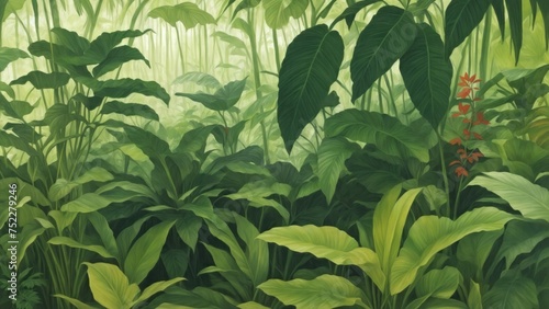 painting of a jungle scene with a green plant and a green leafy plant