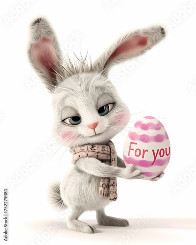 Coelhinho branco encantador com lenço, oferecendo ovo de Páscoa decorado com a mensagem 