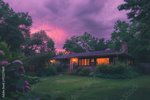 An inviting home with modern outdoor lighting, cradled by verdant foliage, under a tranquil purple dusk sky