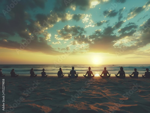 Silhouettes of people practicing yoga on a tranquil beach during a beautiful sunset.