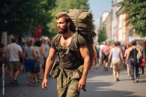 Sport man or tourist with khaki backpack rucking and walking at street in summer city. Travel vacation, Trendy activity. Rucking active walking with backpack that contains extra weight. © svetlana_cherruty