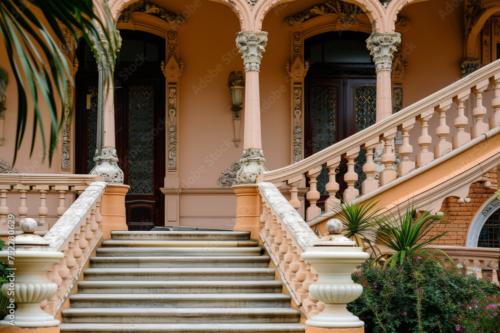 An Italianate porch with a curved staircase and elaborate balusters, presenting the house exterior against a soft peach background