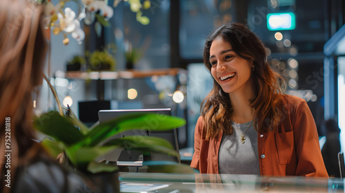 Satisfied customer at the bank, radiating happiness during a seamless transaction. Genuine smiles and smooth service captured in this high-resolution image.