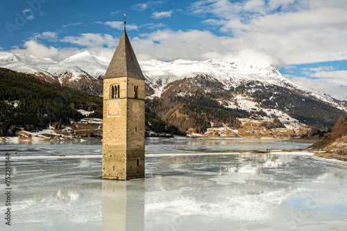 Flooded church tower in Lake Reschen (Reschensee) in South Tyrol, Italy
