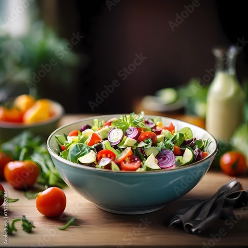 a bowl of vegetable salad on the table. photography style background. generative ai