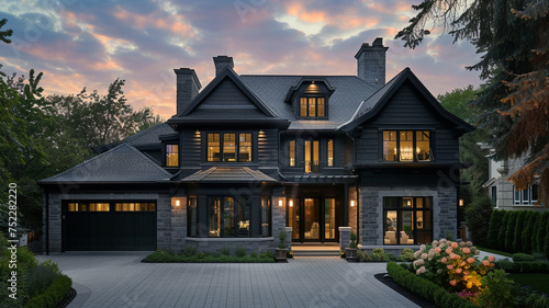 Chic traditional house in black and dark grey under a pastel periwinkle sky for a calm setting, exterior view