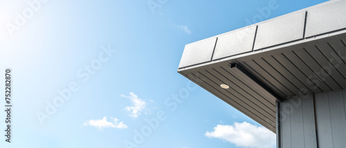 Modern guest house with standing seam facade and large flat roof overhang in park. Minimalist architectural style closeup