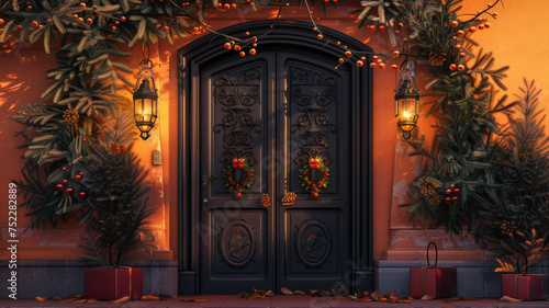 A detailed 8K rendering of 3D double doors with Christmas lanterns and engraved obsidian, against a sunset orange background