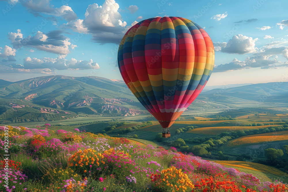 A vibrant hot air balloon glides gracefully over a lush green hillside, painting a picturesque scene against the clear blue sky
