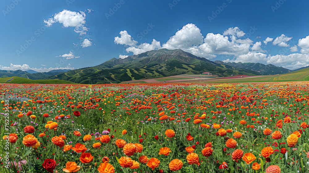 A vibrant field of flowers blooms against the backdrop of towering mountains, creating a stunning natural spectacle