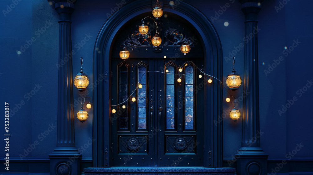 A hyper-realistic 8K image of stunning 3D double doors adorned with Christmas lanterns, crafted from engraved obsidian, set against a deep blue background