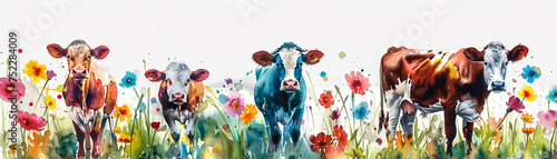 Cows in a watercolor flower field peaceful grazing floral beauty isolated white