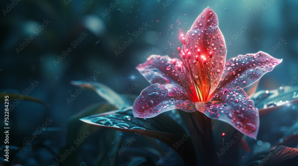 Galaxies apart a plant blooms with nebula nectar sparking love in a mercenarys heart amidst carnivorous shadows a prized possession - obrazy, fototapety, plakaty 