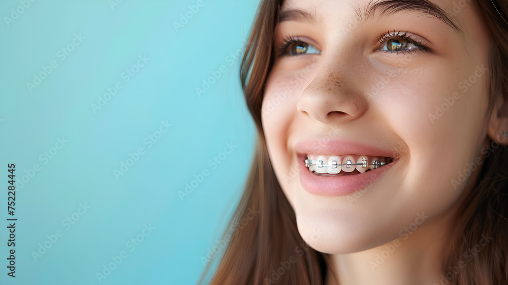 A smiling girl teenager with braces mouth, close up, space for text. The concept of modern dentistry. Generative AI A smiling girl teenager with braces mouth, close up, space for text. The concept of modern dentistry. Generative AI