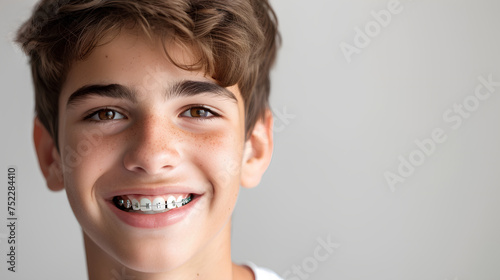 A smiling boy teenager with braces mouth, close up, space for text. The concept of modern dentistry. Generative AI