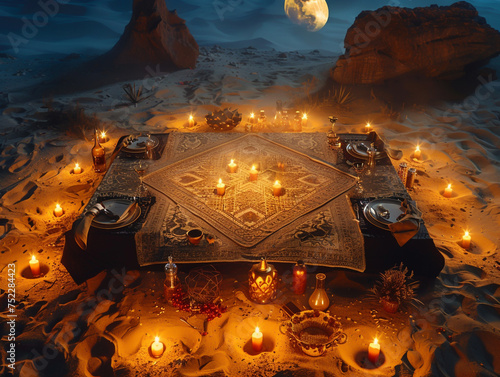 Low angle view of an intimate dinner in the desert where mathematics and infernal themes mingle