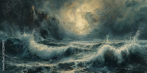 Crashing stormy waves create a dramatic seashore oil painting scene. Concept Seashore, Stormy Waves, Oil Painting, Dramatic Scene