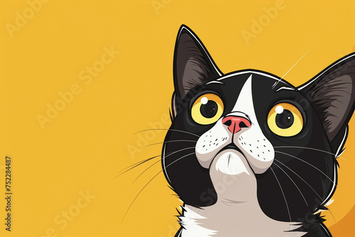cat or dog cartoon illustration, graphic banner with yellow background and copyspace