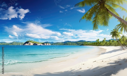 Beautiful white beach and amazing sea  lush green palm trees  pristine white sands. Perfect vacation concept.