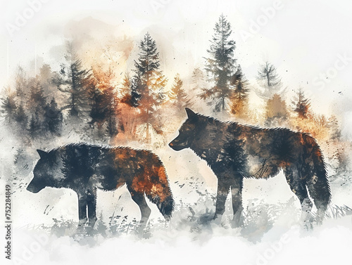 Wolves in a watercolor forest mist mysterious aura wild spirit isolated white