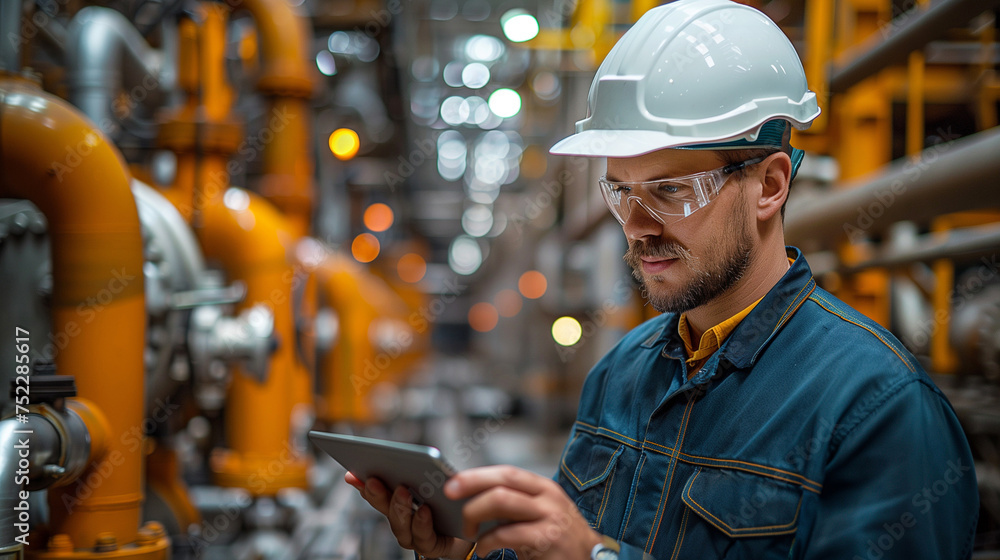 Male engineer using tablet with white safety helmet standing front of oil refinery. Industry zone gas petrochemical. Factory oil storage tank and pipeline. Worker in a refinery Male engineer using tablet with white safety helmet standing front of oil refinery. Industry zone gas petrochemical. Factory oil storage tank and pipeline. Worker in a refinery
