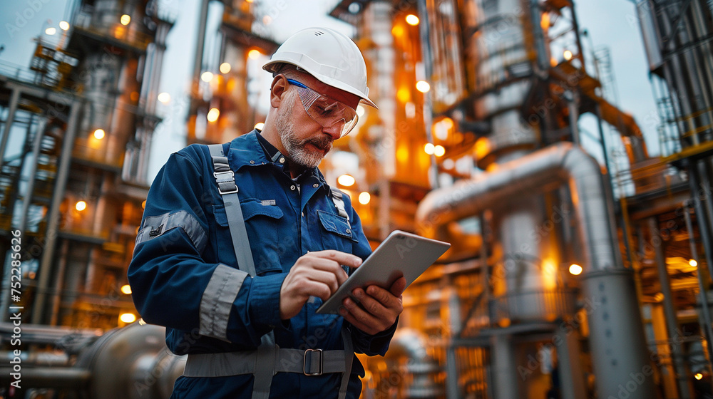 Male engineer using tablet with white safety helmet standing front of oil refinery. Industry zone gas petrochemical. Factory oil storage tank and pipeline. Worker in a refinery Male engineer using tablet with white safety helmet standing front of oil refinery. Industry zone gas petrochemical. Factory oil storage tank and pipeline. Worker in a refinery