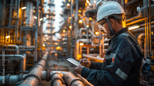Male engineer using tablet with white safety helmet standing front of oil refinery. Industry zone gas petrochemical. Factory oil storage tank and pipeline. Worker in a refinery