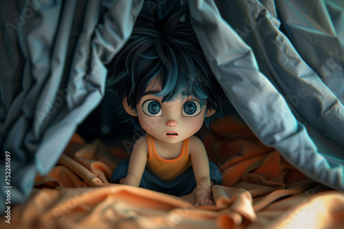 Ultra-realistic 4D photograph of a chibi boy with raven black hair