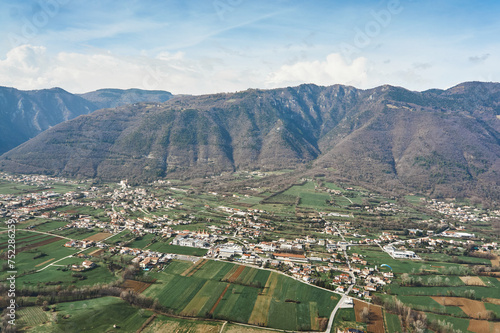 aerial view of the city Borso del Grappa, Italy, Paragliding mountain