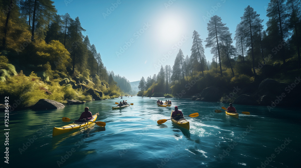 A group of friends enjoying having fun and kayaking while exploring the calm river, surrounding forest and large natural river canyons. Canoeing down beautiful river in a Forest - obrazy, fototapety, plakaty 