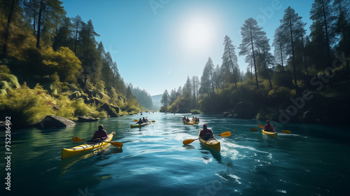 A group of friends enjoying having fun and kayaking while exploring the calm river, surrounding forest and large natural river canyons. Canoeing down beautiful river in a Forest © AK528